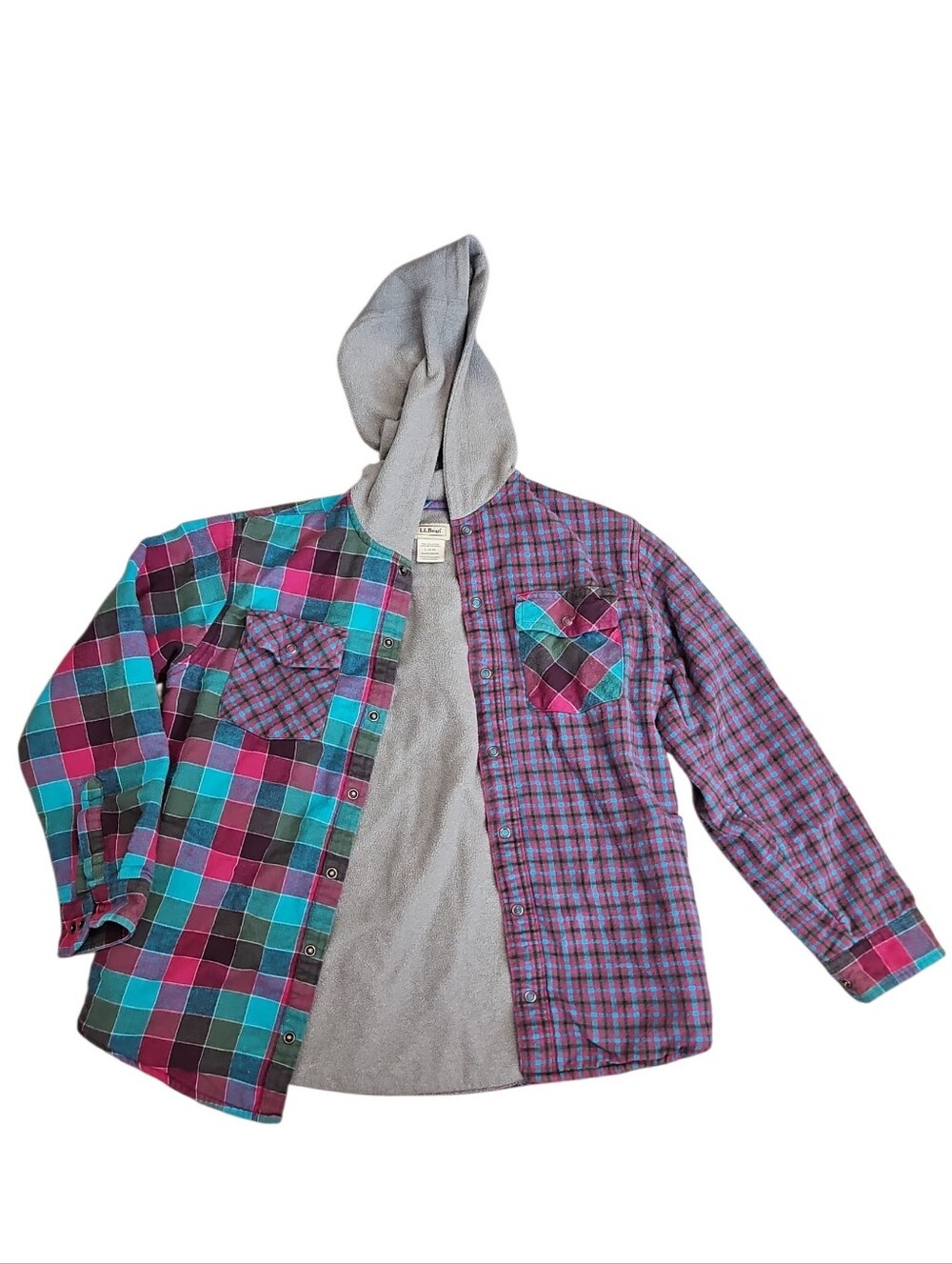 L.L. Bean Colorful Plaid Fleece Lined Hoodie Shirt Jacket Size Large 14-16 Girls